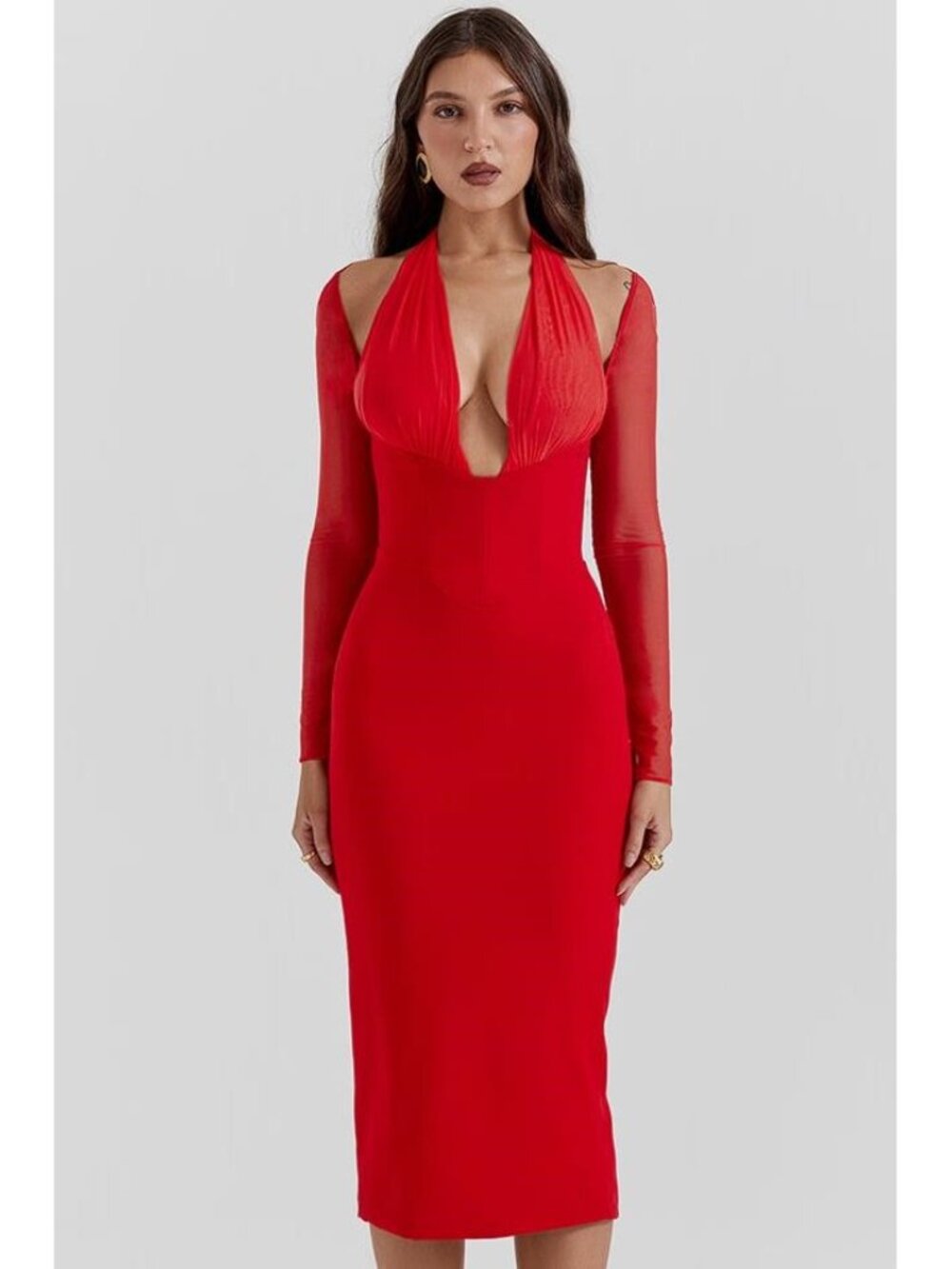 HOUSE OF CB Women's Yasmin Scarlet Plunge Midi Dress Size XS in True Red